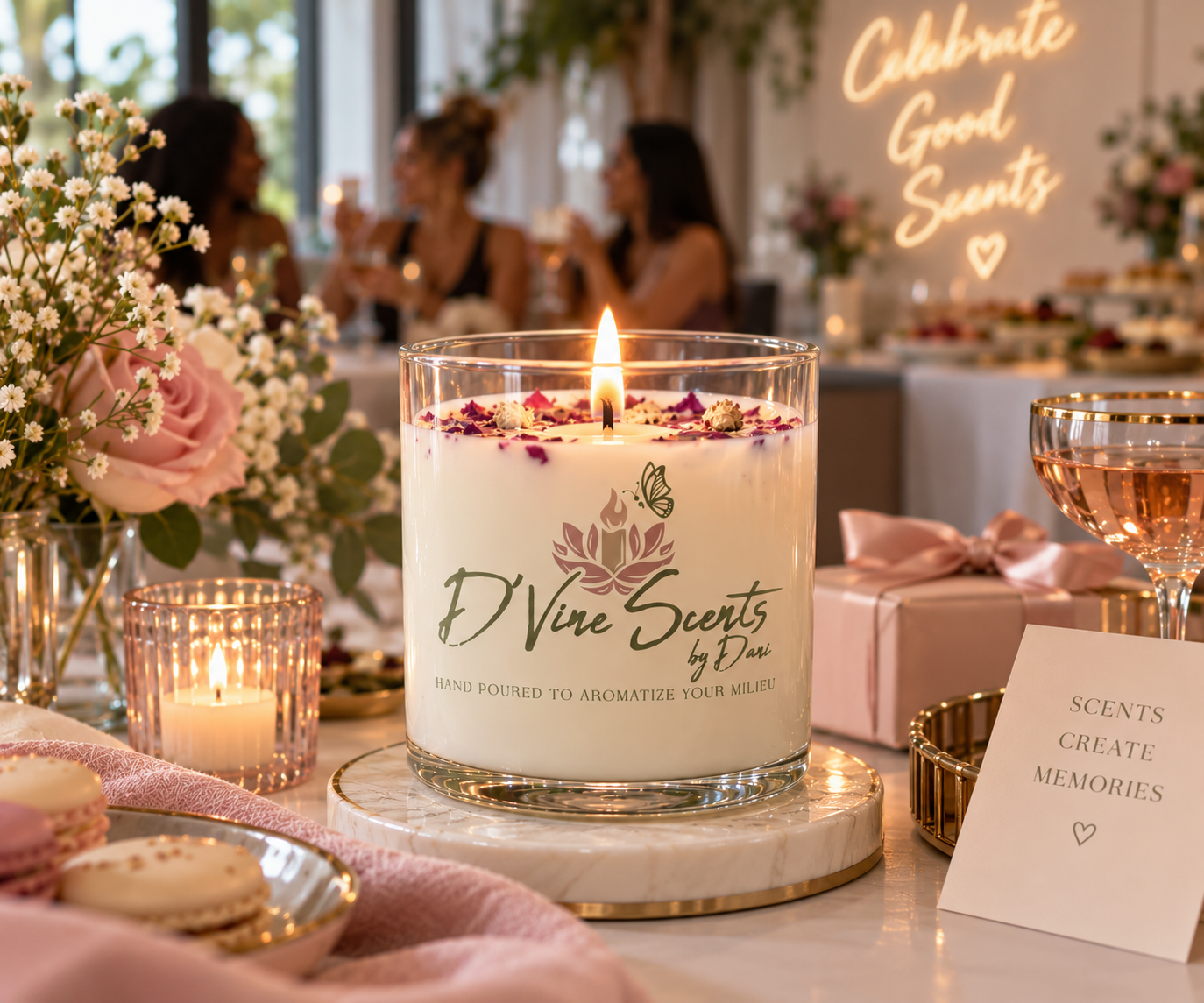 A lit D'Vine Scents candle on a party table set with roses, macarons, and favors