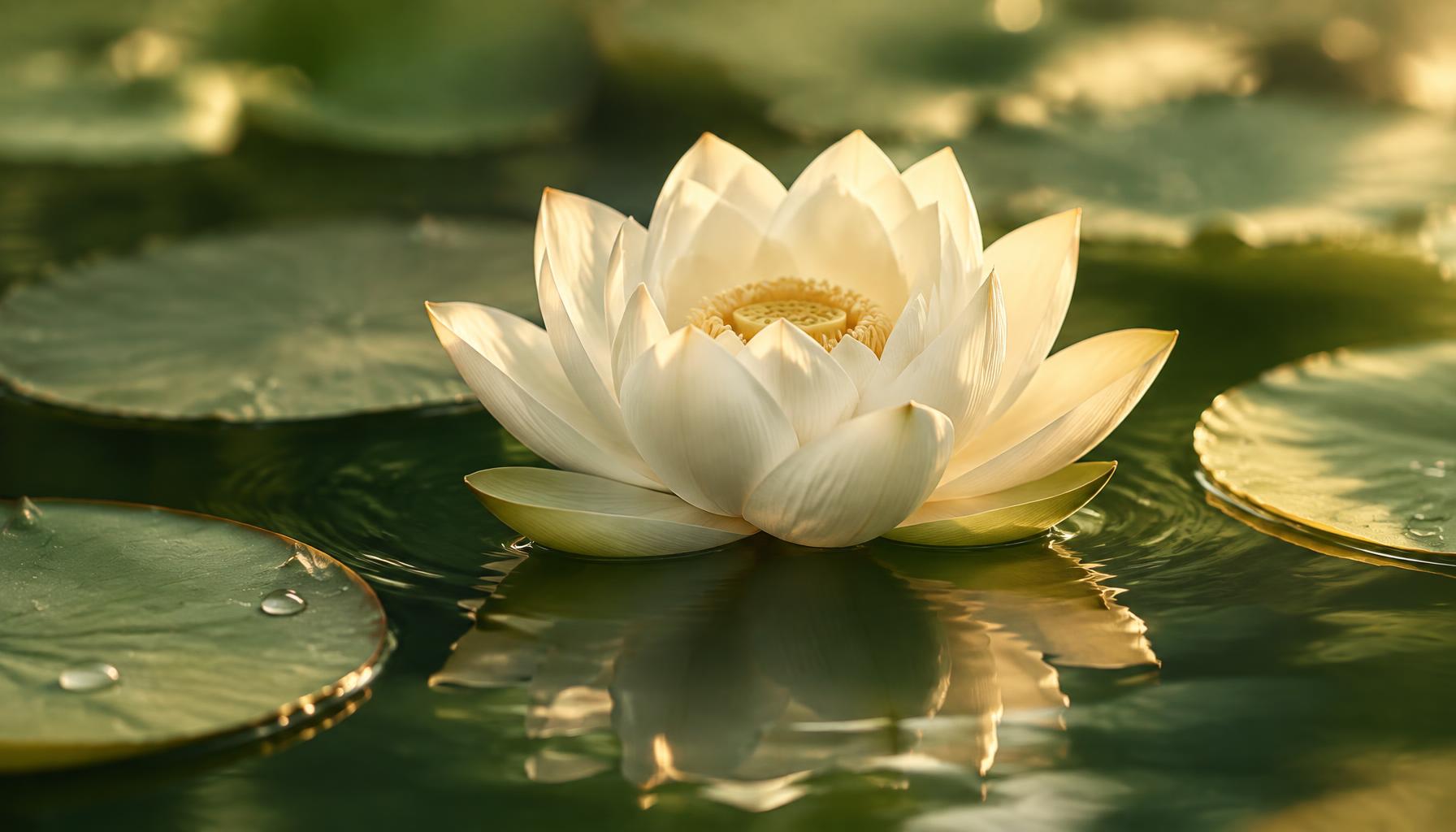 A single pale lotus blossom floating on still water