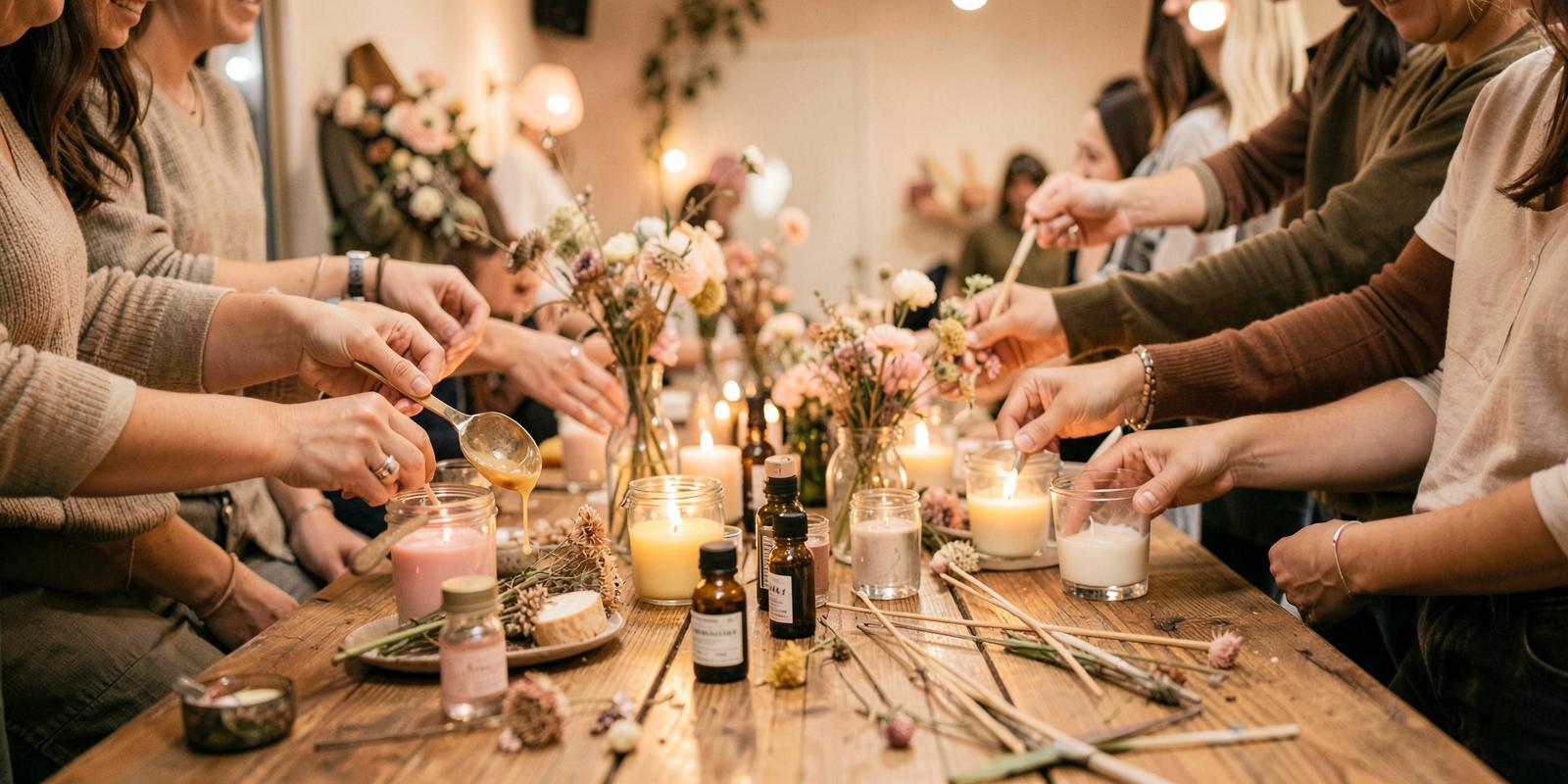 Friends pouring candles together at a long table